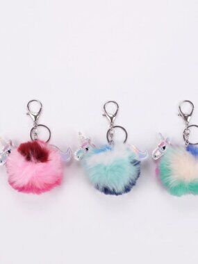 Unicorn Pom Pom Keychain Set of 3, Fluffy Faux Fur Iridescent Bag Charm Keyring